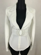 Women's Long Sleeve Blazer Bodysuit with Crystal Belt, V-Neck Zipper Stage & Concert Performance Costume