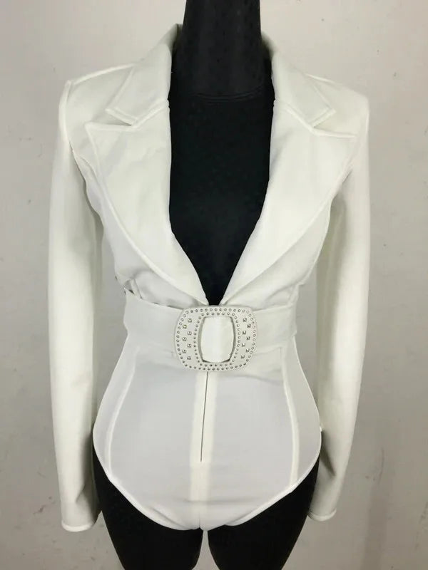 Women's Long Sleeve Blazer Bodysuit with Crystal Belt, V-Neck Zipper Stage & Concert Performance Costume