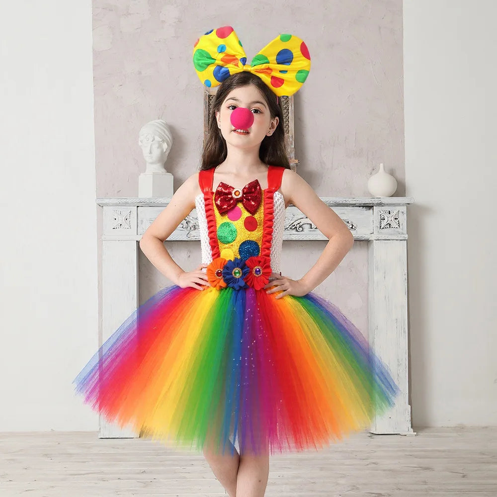 Clown Multicolored Circus Costume for Girls Funny Joker Halloween Tutu Dress Kids Fancy Birthday Party Pageant Carnival Clothes - Big Tim's Magic Emporium