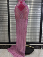 Pink Sleeveless V-Neck Rhinestone Bodycon Floor-Length Showgirl Stage Performance Dress