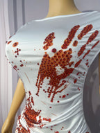 Blood Splatter Rhinestone Ruched Midi Dress Sleeveless Halloween Stage Costume