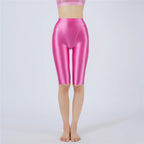 Oil Glossy High-Stretch Knee-Length Shorts Satin Shine Performance Biker Shorts