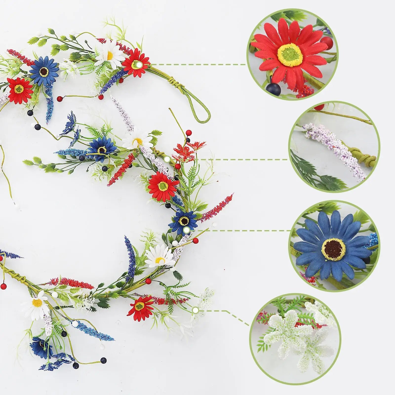 4th July Wreath 4 9Ft Red White Blue Daisy Garland Patriotic Decor for Independence Day Memorial Day Front Door Porch Party