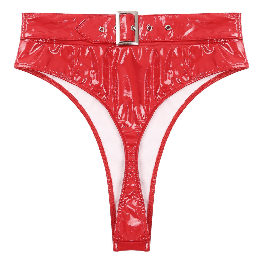 High-Waist Patent Leather Wet-Look Briefs with Adjustable Back Buckle Belt