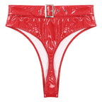 High-Waist Patent Leather Wet-Look Briefs with Adjustable Back Buckle Belt