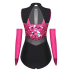 Sparkly Sequin Mock Neck Dance Leotard & Gloves Two-Piece Bodysuit Set