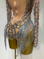 The Stardust Diamond Fringe Bodysuit – Luxury Rhinestone Mesh Stage Costume