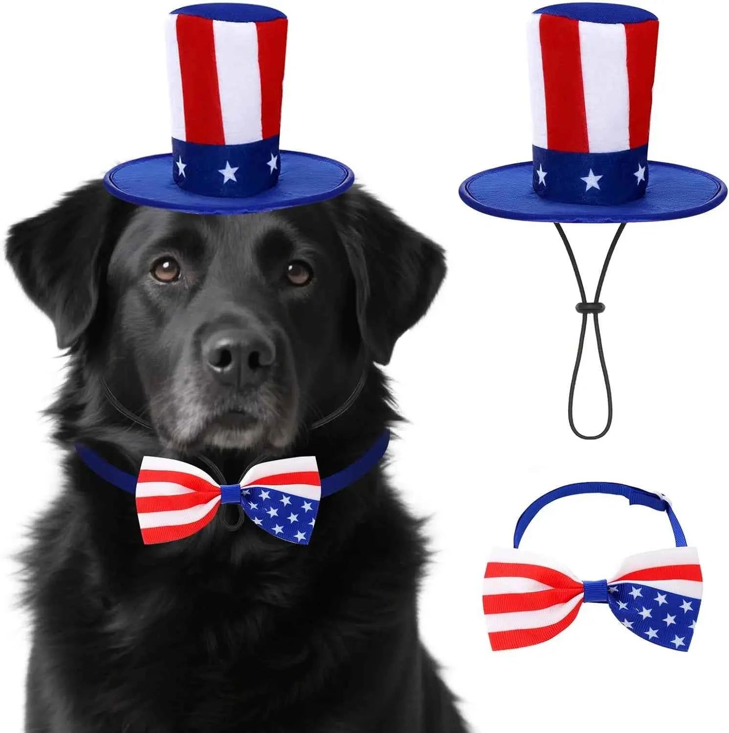 4th of July Dog Outfit, Patriotic Dog Top Hat and Bow Tie Collar Set, Pet Independence Day Costume Accessories for Dogs Cats Pup