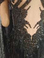 Sparkly Black Rhinestone Tassel Stage Performance Mini Dress Birthday Party Gown