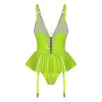 Glossy Wet-Look Halter Romper Bodysuit with Flared Skirt Hem & Integrated Garters