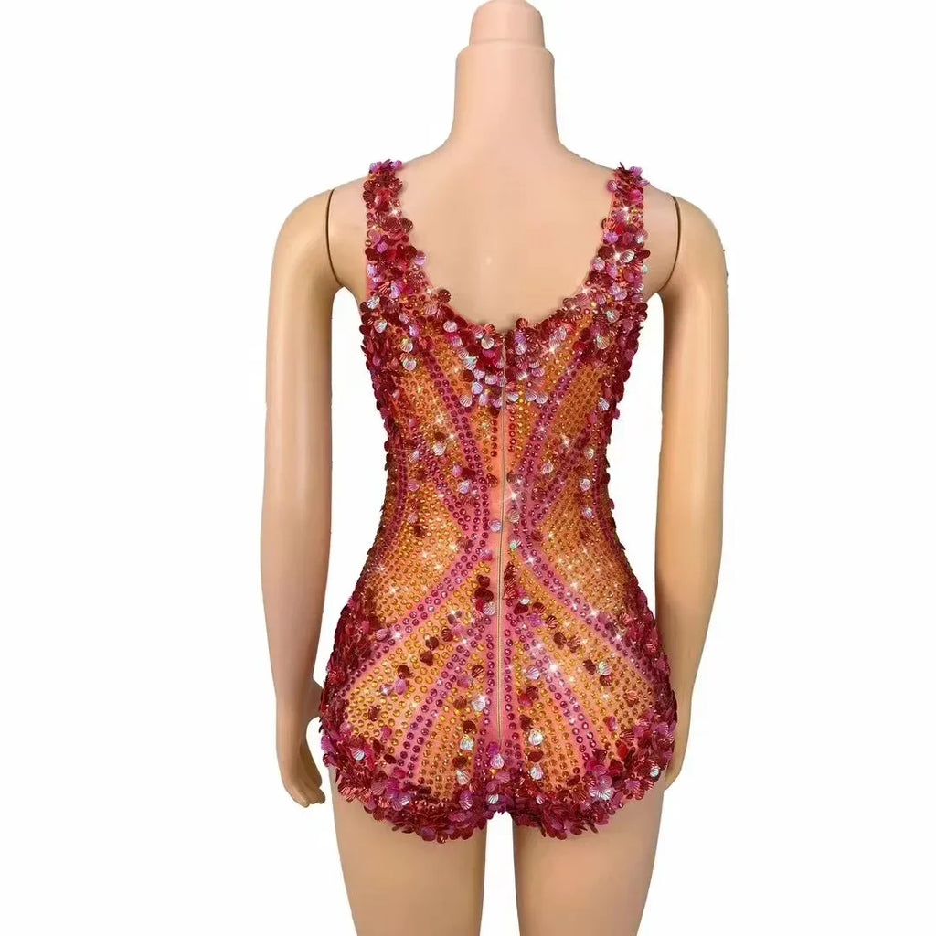 Crimson Sequin Strip & Crystal Rhinestone Bodysuit Illusion Mesh Sleeveless Leotard Stage Costume