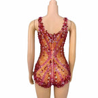 Crimson Sequin Strip & Crystal Rhinestone Bodysuit Illusion Mesh Sleeveless Leotard Stage Costume