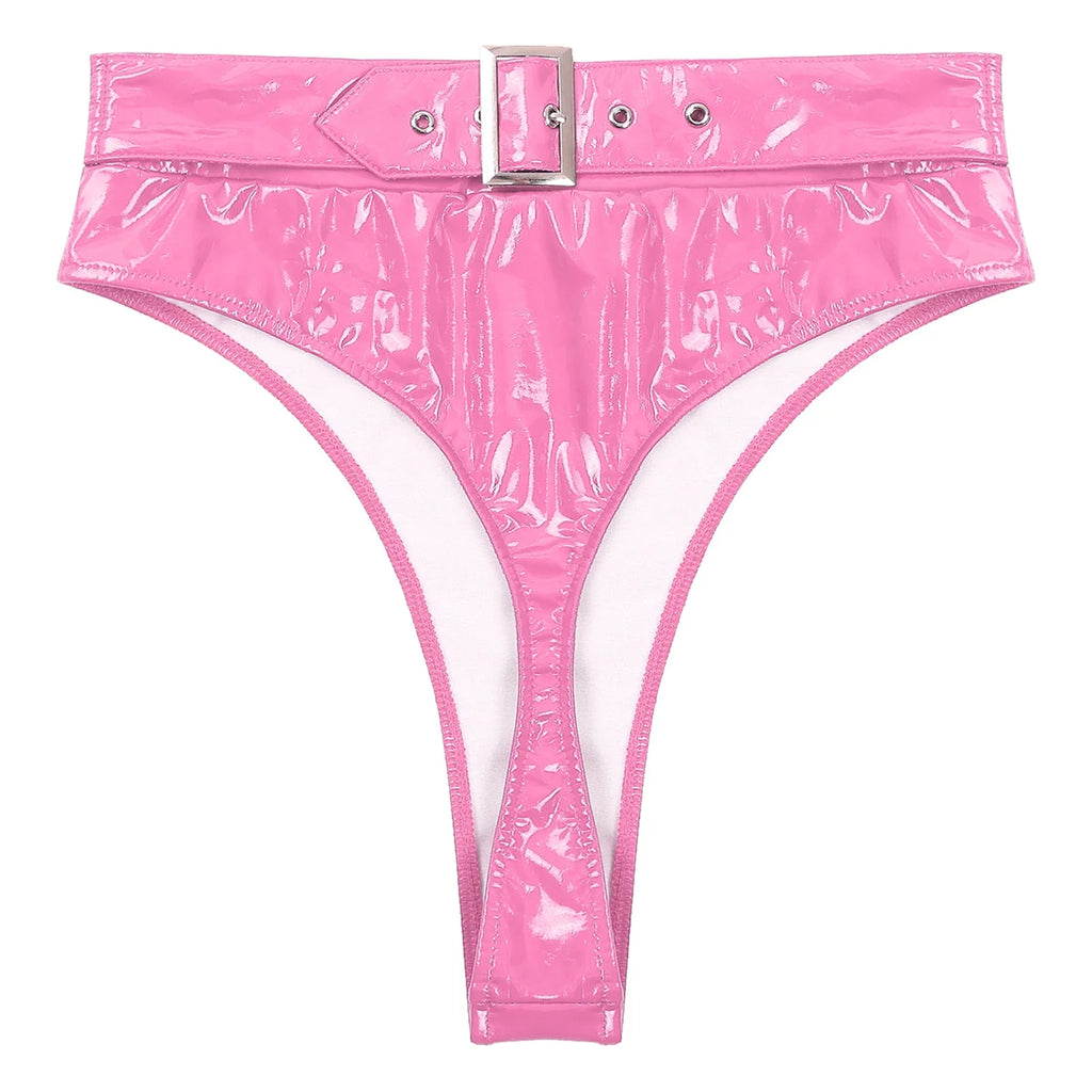 High-Waist Patent Leather Wet-Look Briefs with Adjustable Back Buckle Belt