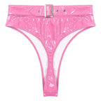 High-Waist Patent Leather Wet-Look Briefs with Adjustable Back Buckle Belt