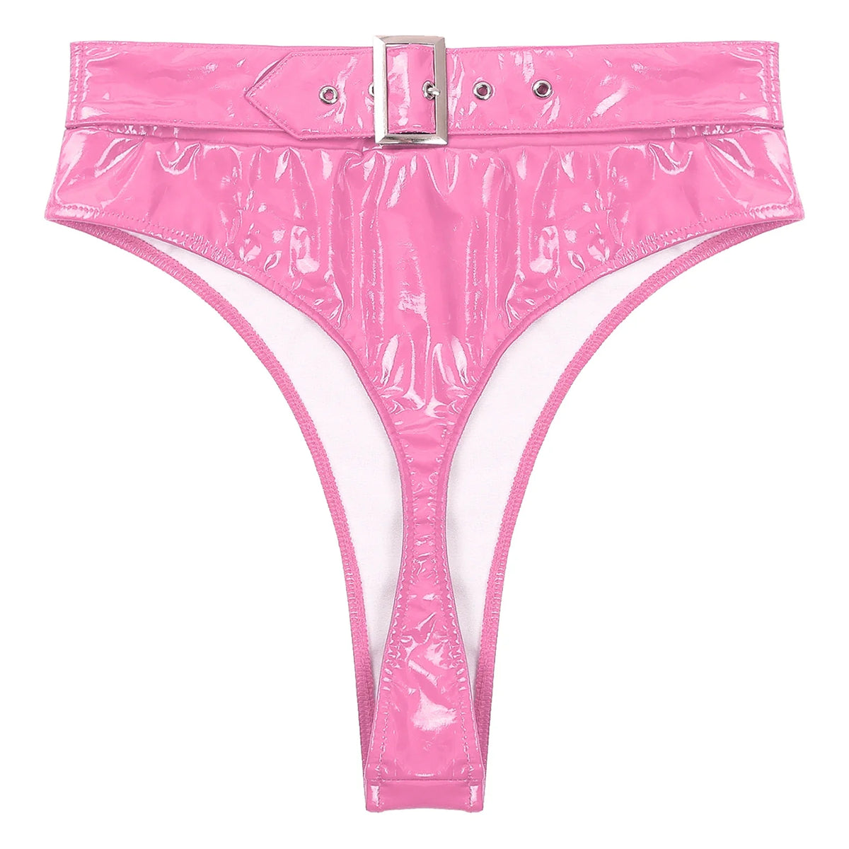 High-Waist Patent Leather Wet-Look Briefs with Adjustable Back Buckle Belt