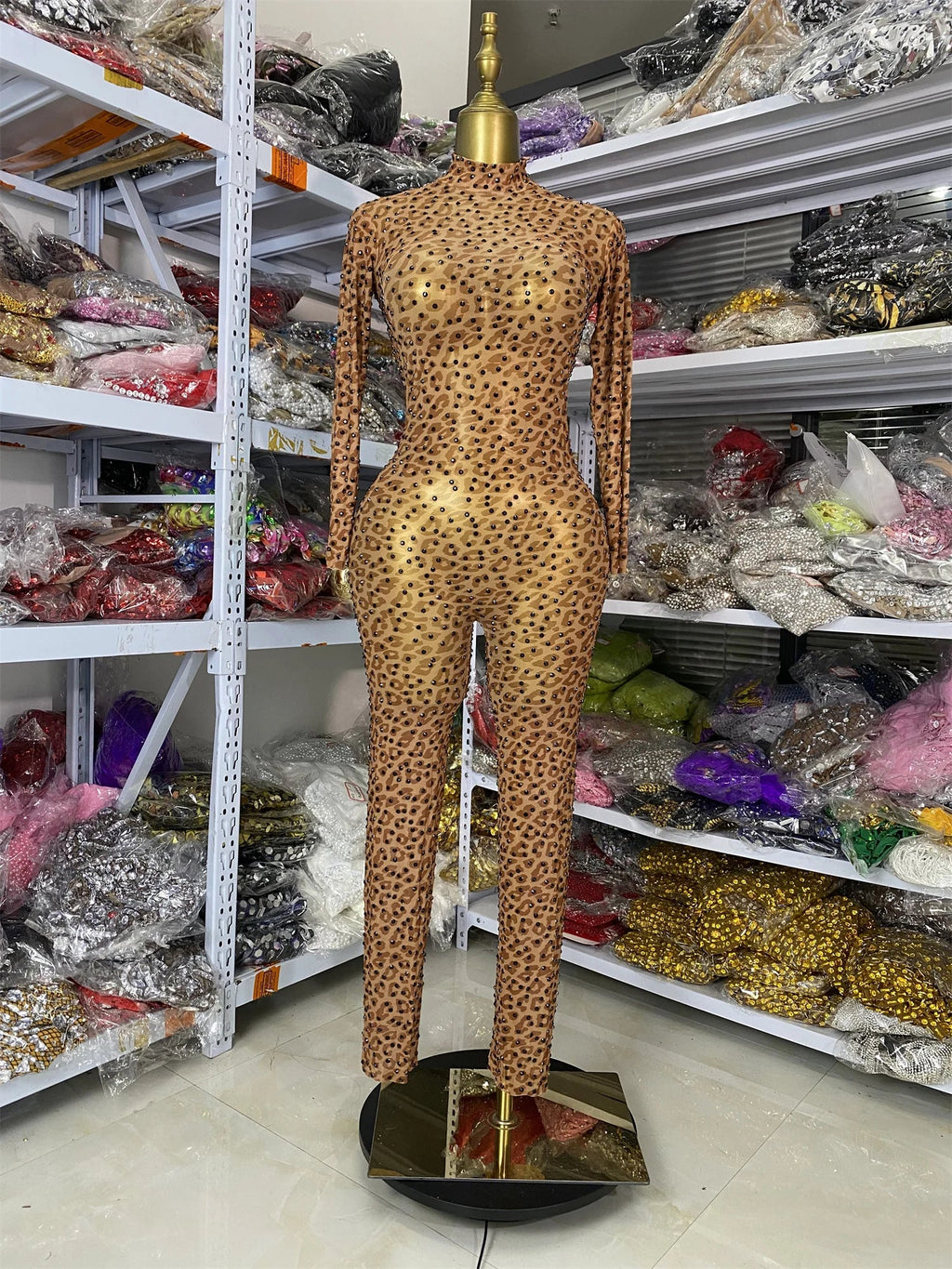 Leopard Print Rhinestone Catsuit Long Sleeve Stage Performance Jumpsuit