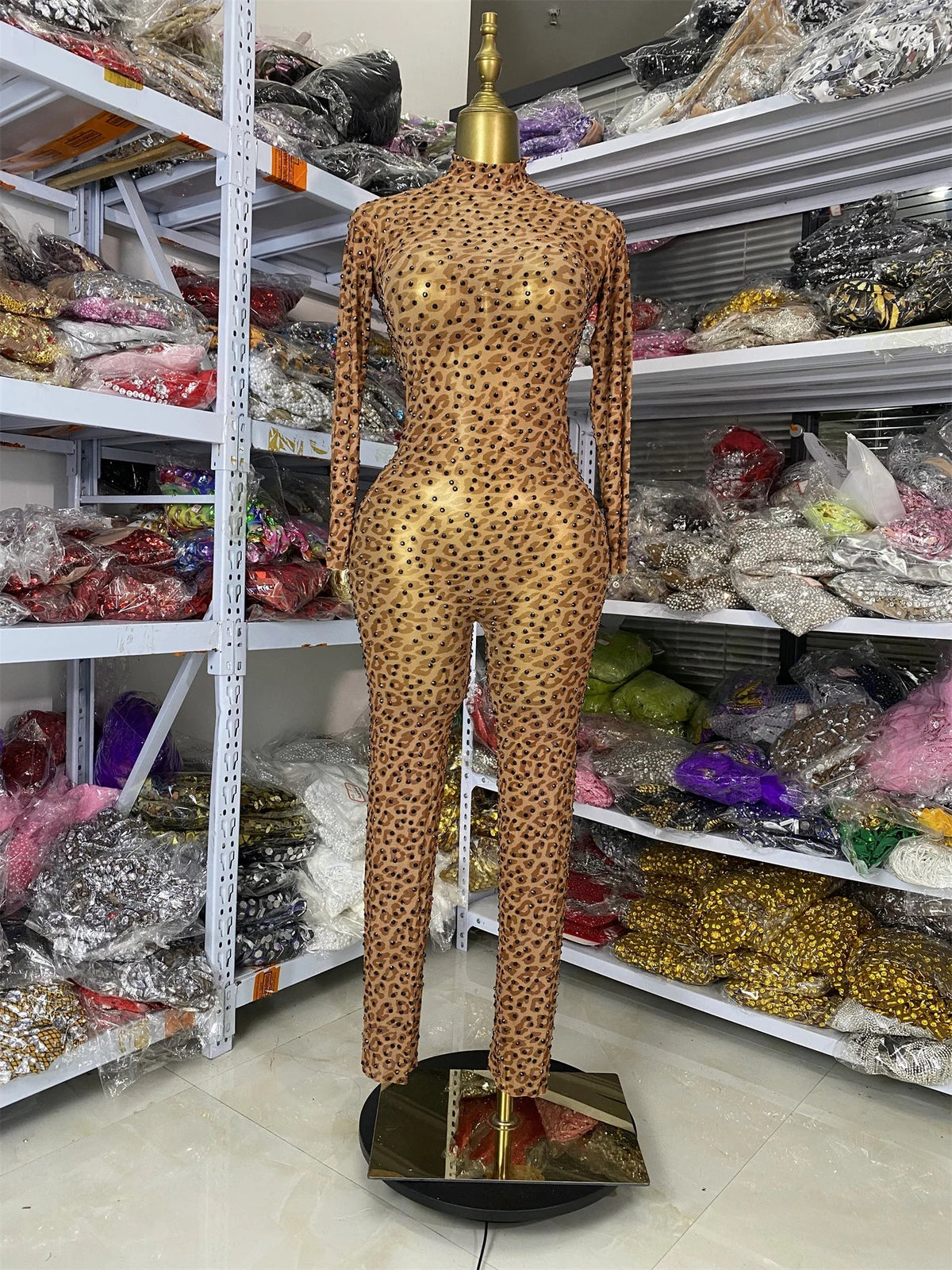 Leopard Print Rhinestone Catsuit Long Sleeve Stage Performance Jumpsuit