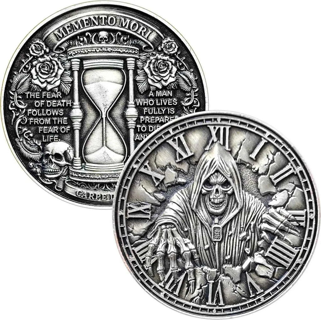 Memento Mori Challenge Coin - Skull & Hourglass Design, Carpe Diem, Roman Numerals, Motivational Coin for Life Reminders