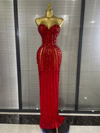 Sparkly Crystal Women Sexy Strapless Mesh See Through Long Maxi Bodycon Dress Elegant Evening Party Birthday Wedding Wear