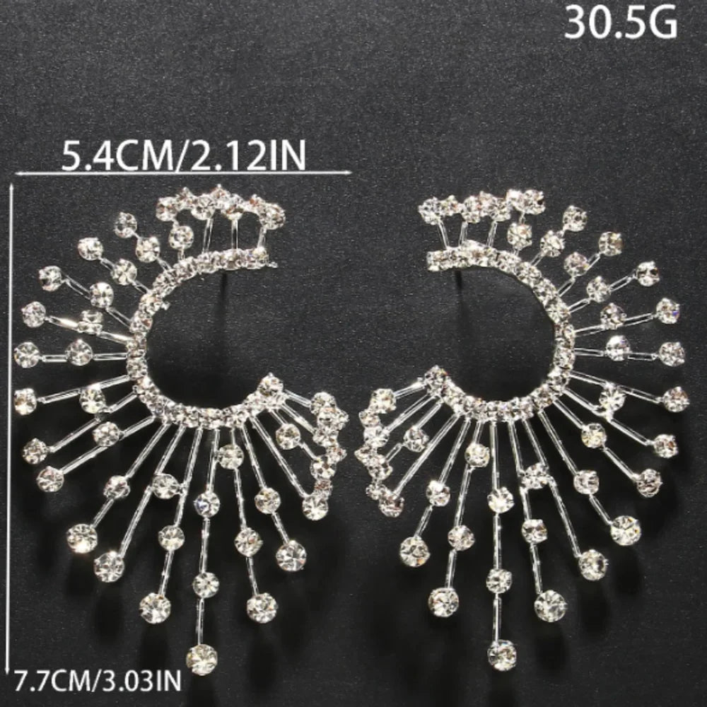 Oversized Crystal Rhinestone Geometric Fan Stud Earrings Drag Queen Stage Jewelry