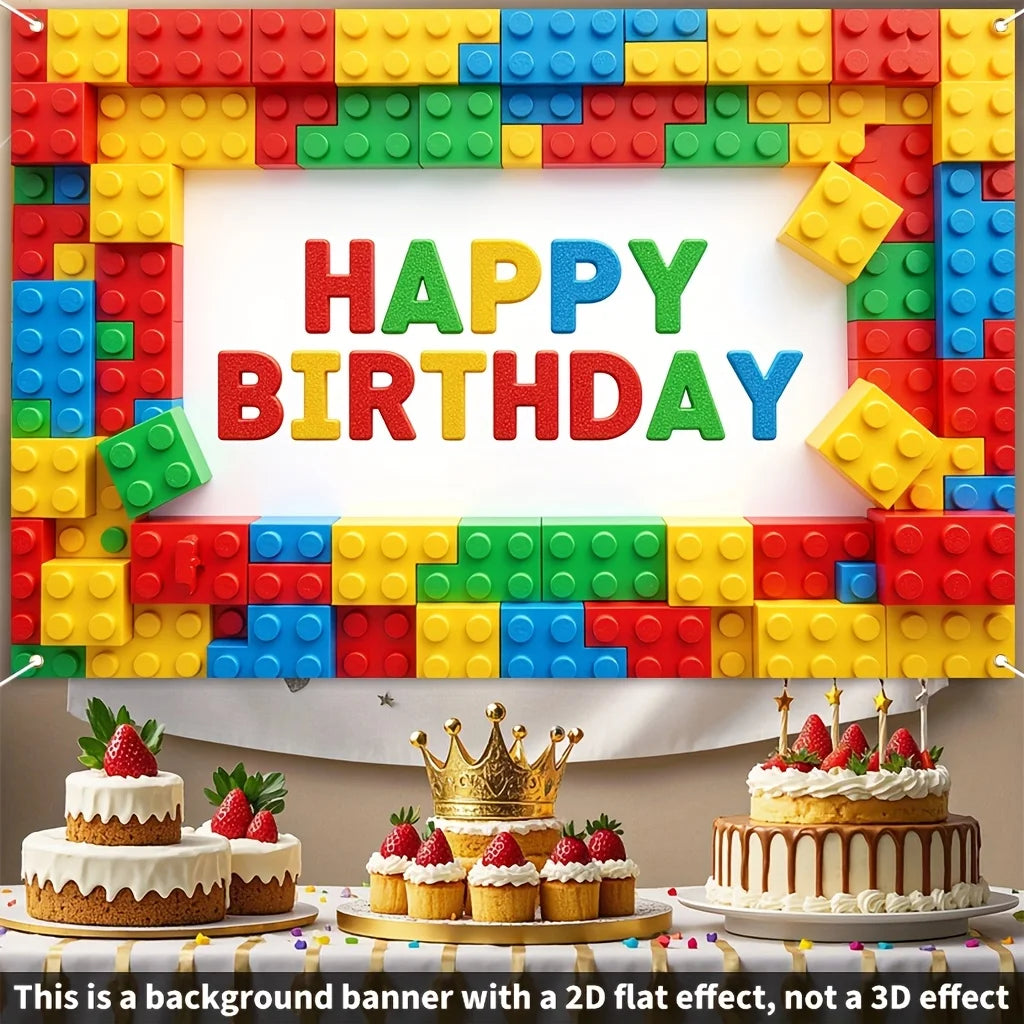 1Birthday Party Banner - Building Block Letters“Happy Birthday”Design，Building Block Style Party Decoration，Birthday，wsj