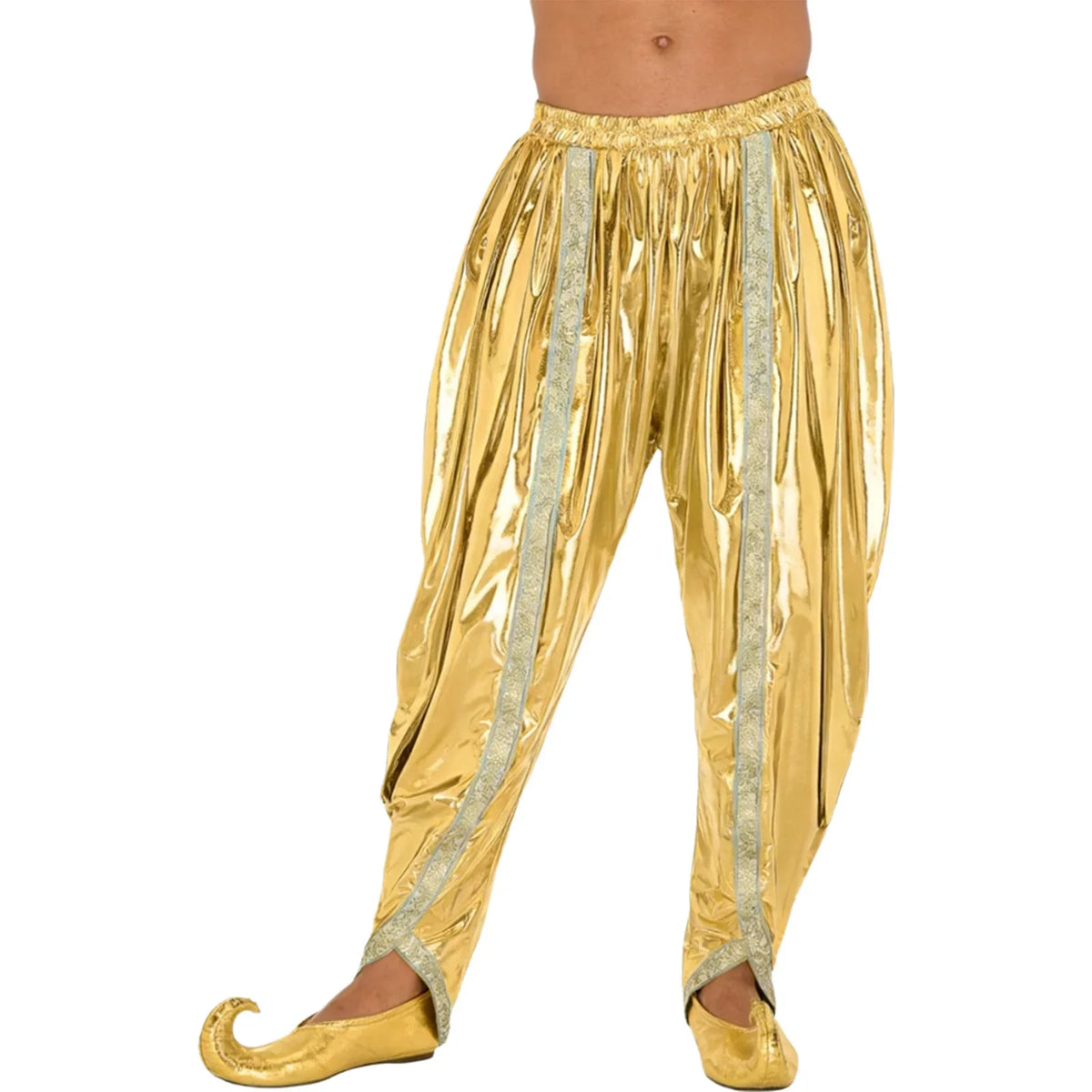 Men's Metallic Shiny Harem Dhoti Pants Gold Brocade Trim Prince Cosplay Costume