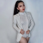 Rhinestone Bodysuit & Coat Set - Women's White Nightclub Dance Costume for Rave, Stage & Gogo Performance