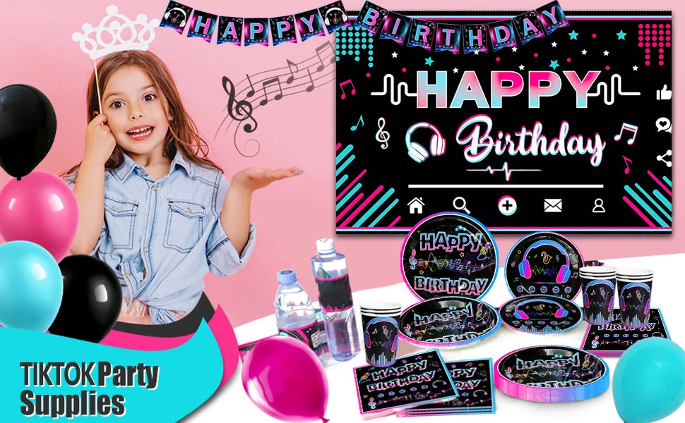 Tik Tok Party Supplies,93pcs Tiktok Party Decorations & Tableware Set - Tik Tok Party Cups,Napkins Backdrop etc Party Supplies - Big Tim's Magic Emporium