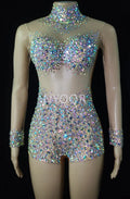 Luxurious AB Crystal Rhinestone Stage Dance Costume Illusion Romper