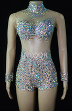 Luxurious AB Crystal Rhinestone Stage Dance Costume Illusion Romper