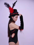 Women Team Jazz Dance Performance Costume Sexy Back Backless Crystal Bodysuit with Gloves Feather Hat Nightclub Gogo Rave Outfit