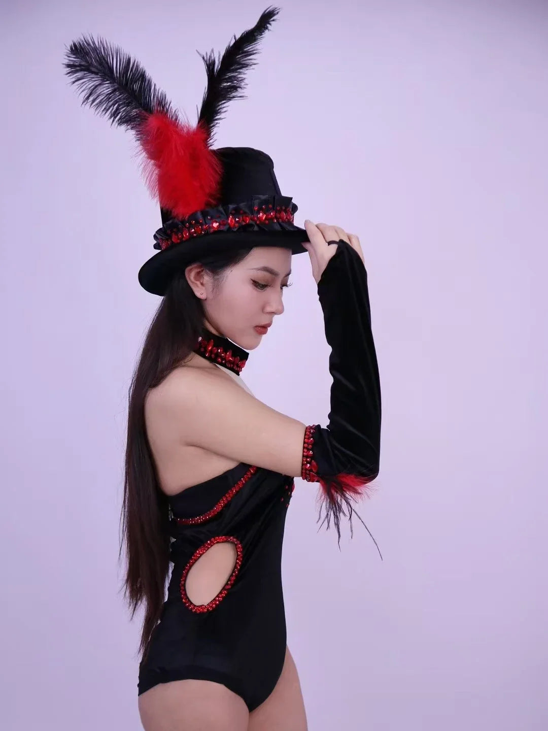 Women Team Jazz Dance Performance Costume Sexy Back Backless Crystal Bodysuit with Gloves Feather Hat Nightclub Gogo Rave Outfit