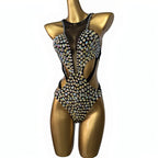 Crystal Rhinestone Mesh Backless Bodysuit Pole Dancing Stage Costume
