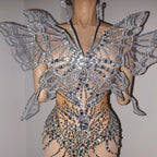 Silver Crystal Mesh 3D Butterfly Rhinestone Wings Jumpsuit