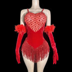 Sparkly Rhinestone & Sequin Tassel Bodysuit with Feathers & Gloves Costume Set
