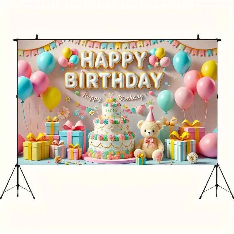 One, a "Happy Birthday" banner, colorful balloons and cake design, with a teddy bear, a birthday party background banner