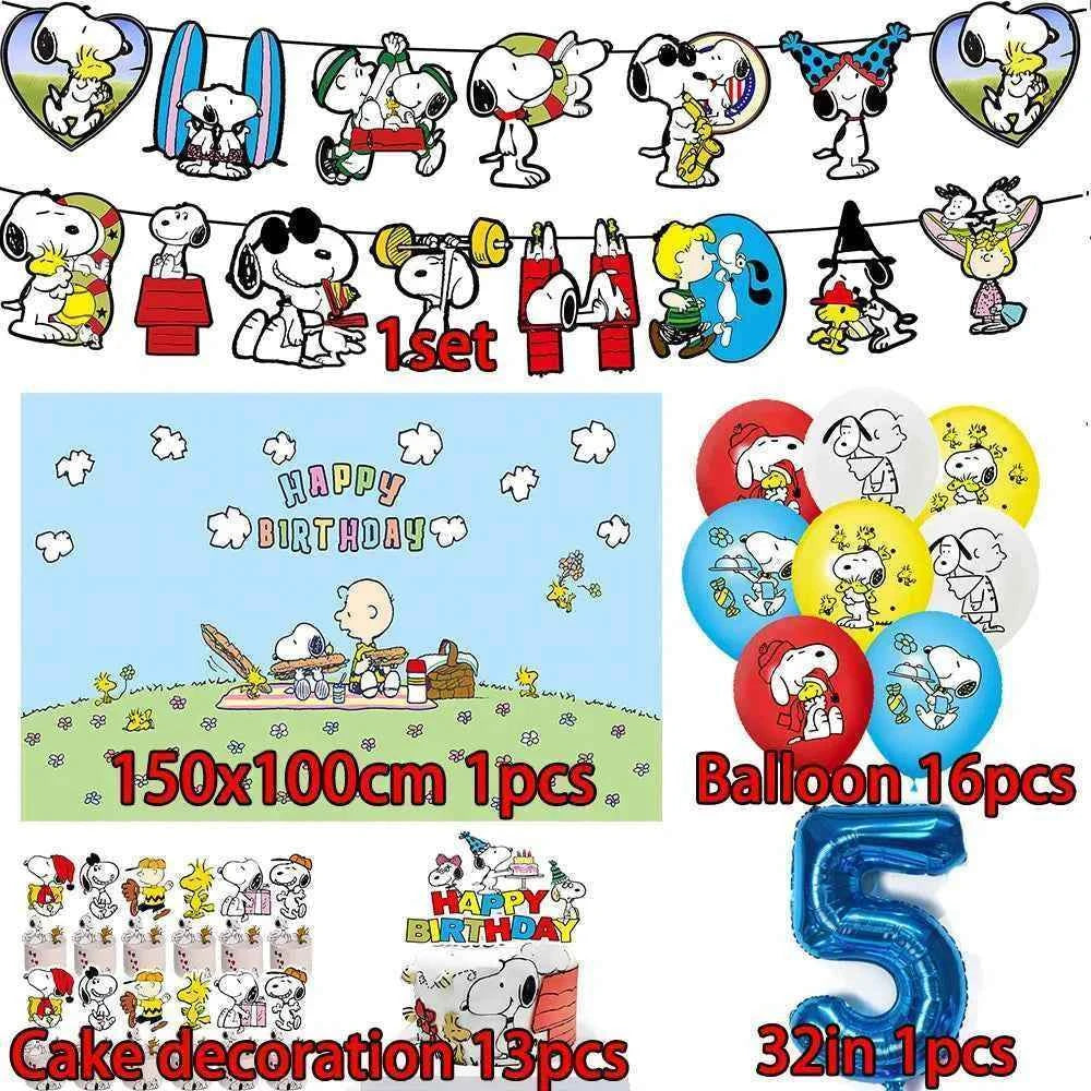 Cartoon Snoopys Birthday Decoration Set Banners Cake Toppers Balloons Backdrops Kids Birthday Gifts Baby Shower Party Supplies