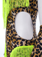 Leopard Cutout Bodysuit & Fringe Sleeves 2-Piece Latin Ballroom Stage Costume Set