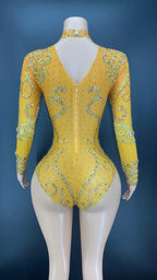 Sparkly Crystals Long-Sleeve Mesh Bodysuit Stage Performance Costume