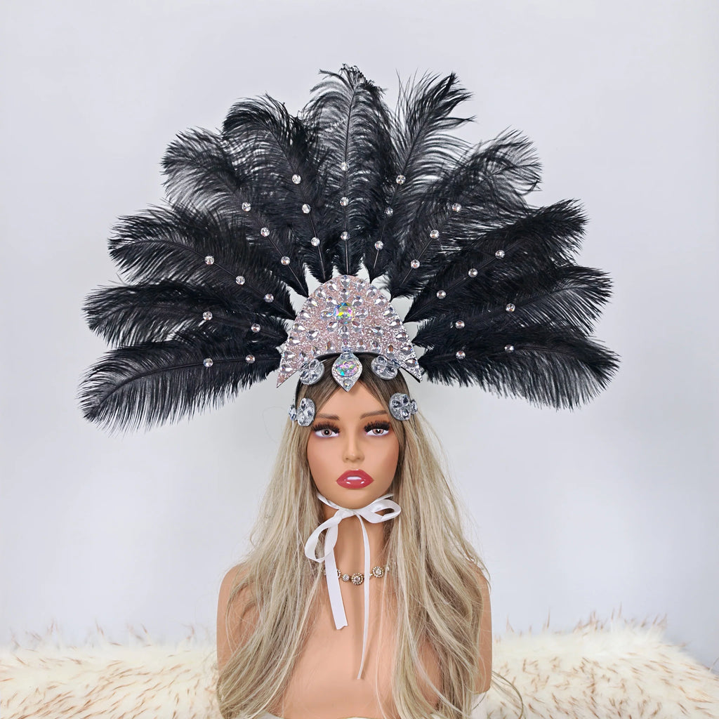Artisanal Ostrich Feather Showgirl Headdress & Carnival Hair Accessory