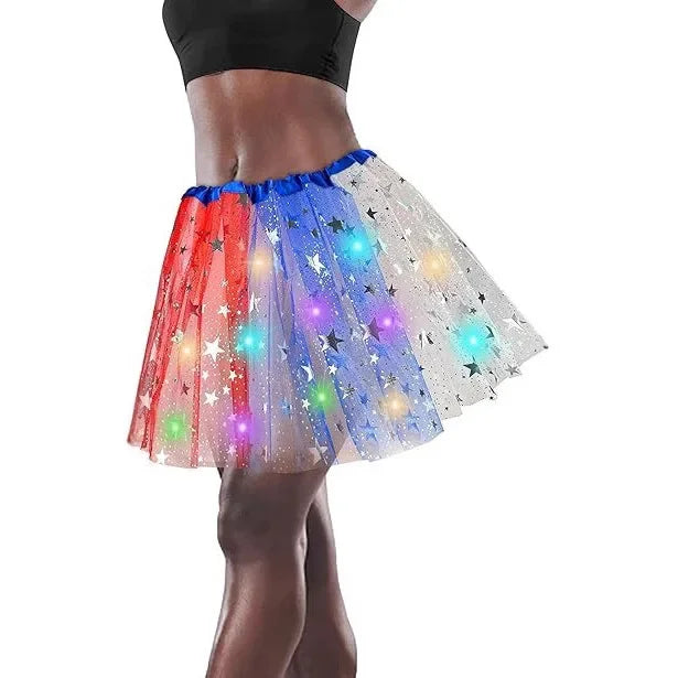 Light Up Layers 4th of July Star Independence Day American Flag Tutu for Women Adult Birthday Soft Princess Glow Party Supplies