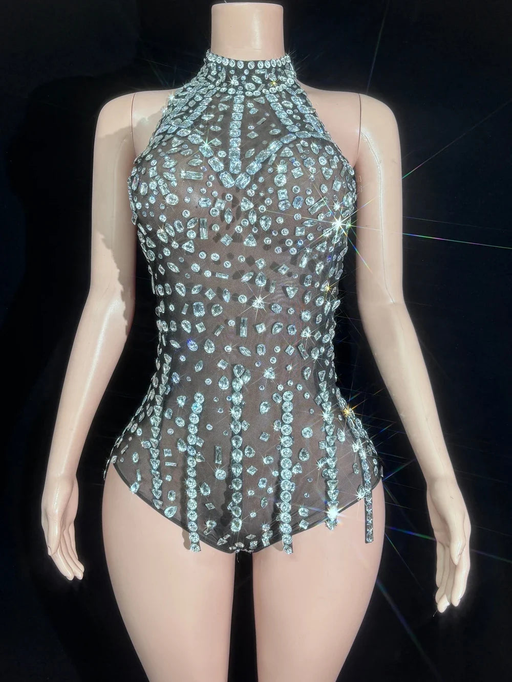 Silver Crystal Halter Illusion Bodysuit Sparkly Backless Rhinestone Stage Leotard