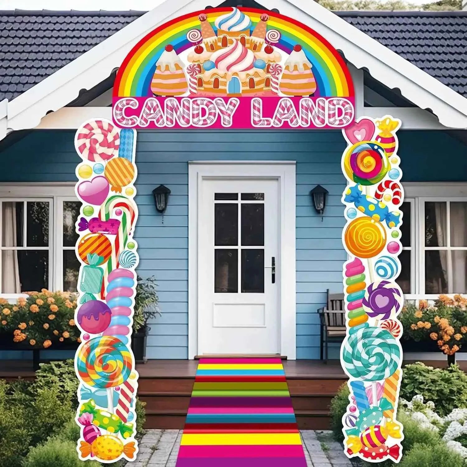 4Pcs Sweet Candyland Party Decorations Candy Door Covers Christmas Hanging Banner Backdrop Candy Land Store Porch Sign Colorful
