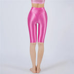 Oil Glossy High-Stretch Knee-Length Shorts Satin Shine Performance Biker Shorts