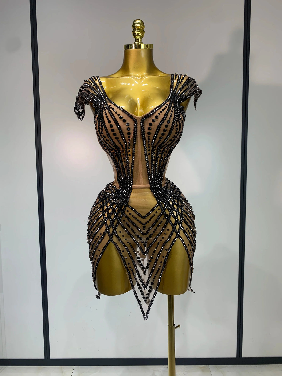 Sparkly Rhinestone Mesh Strapless Mini Dress Evening Stage Performance Outfit