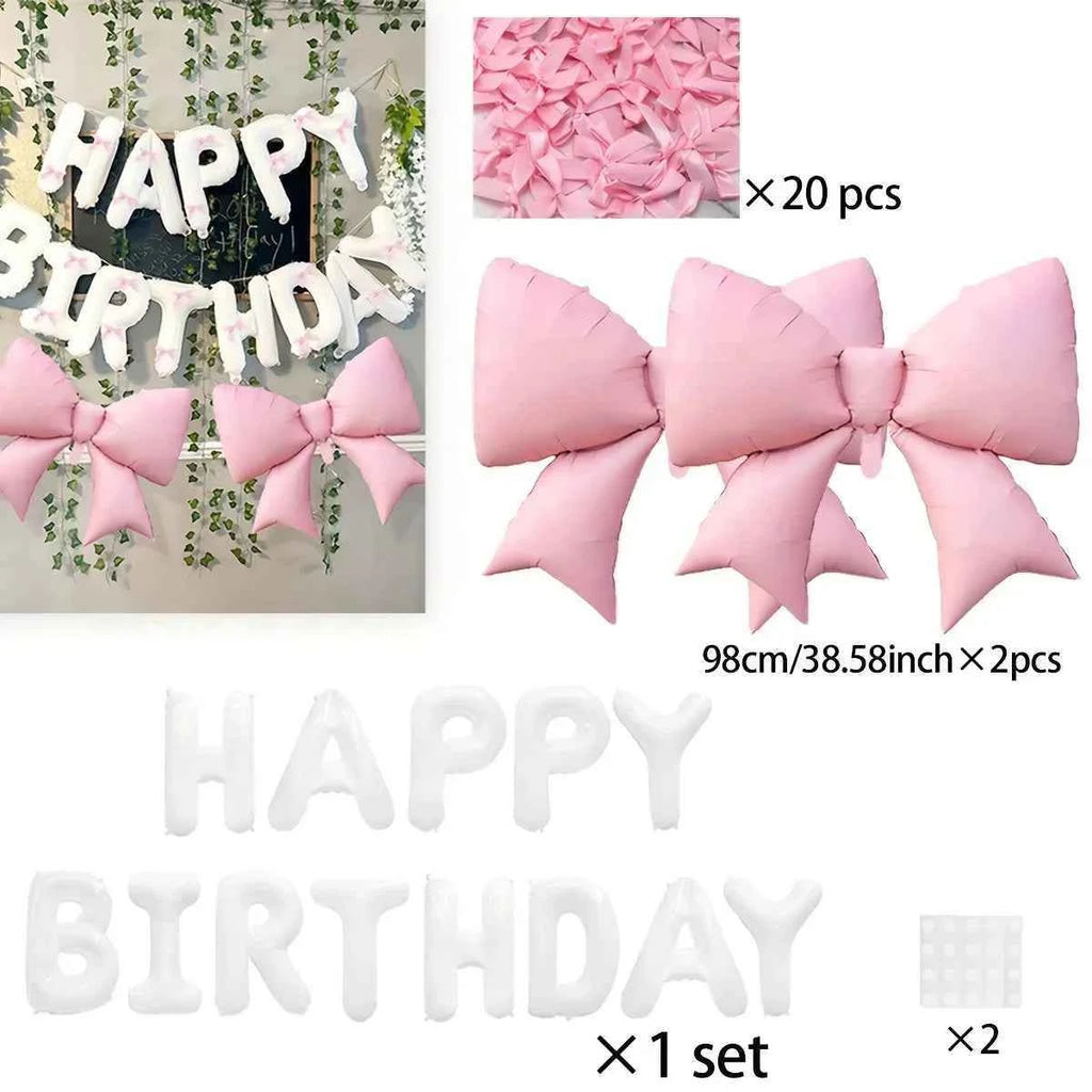 White Happy Birthday banner balloon and light pink bow balloon with pink ribbon bow, birthday party decoration