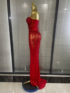 Sparkly Crystal Women Sexy Strapless Mesh See Through Long Maxi Bodycon Dress Elegant Evening Party Birthday Wedding Wear
