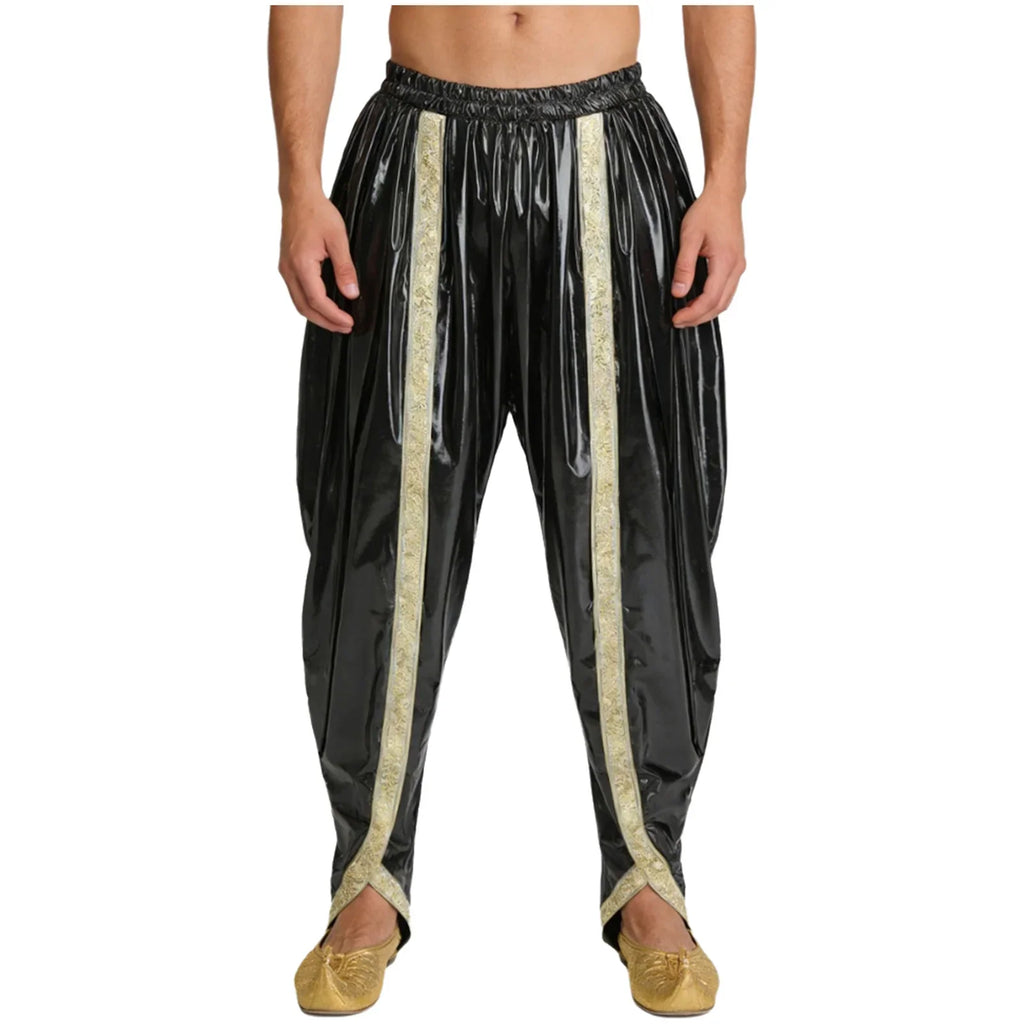 Men's Metallic Shiny Harem Dhoti Pants Gold Brocade Trim Prince Cosplay Costume