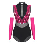 Sparkly Sequin Mock Neck Dance Leotard & Gloves Two-Piece Bodysuit Set