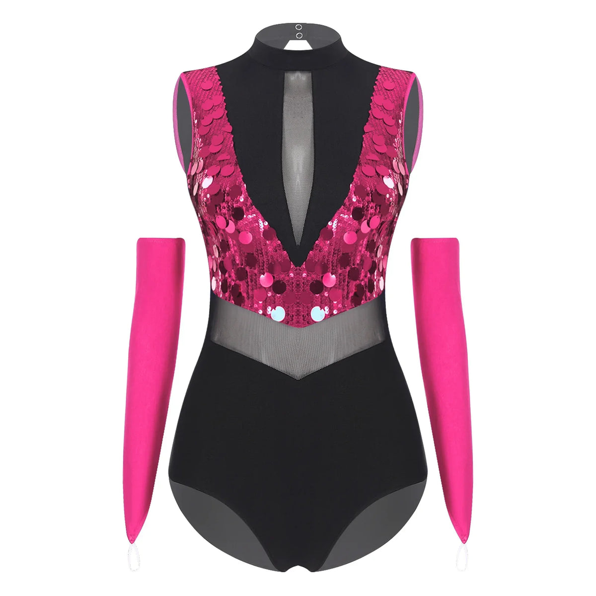 Sparkly Sequin Mock Neck Dance Leotard & Gloves Two-Piece Bodysuit Set